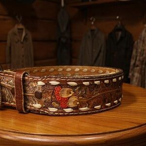 Western Leather Belt with Acorns Design Letter N Belt Buckle